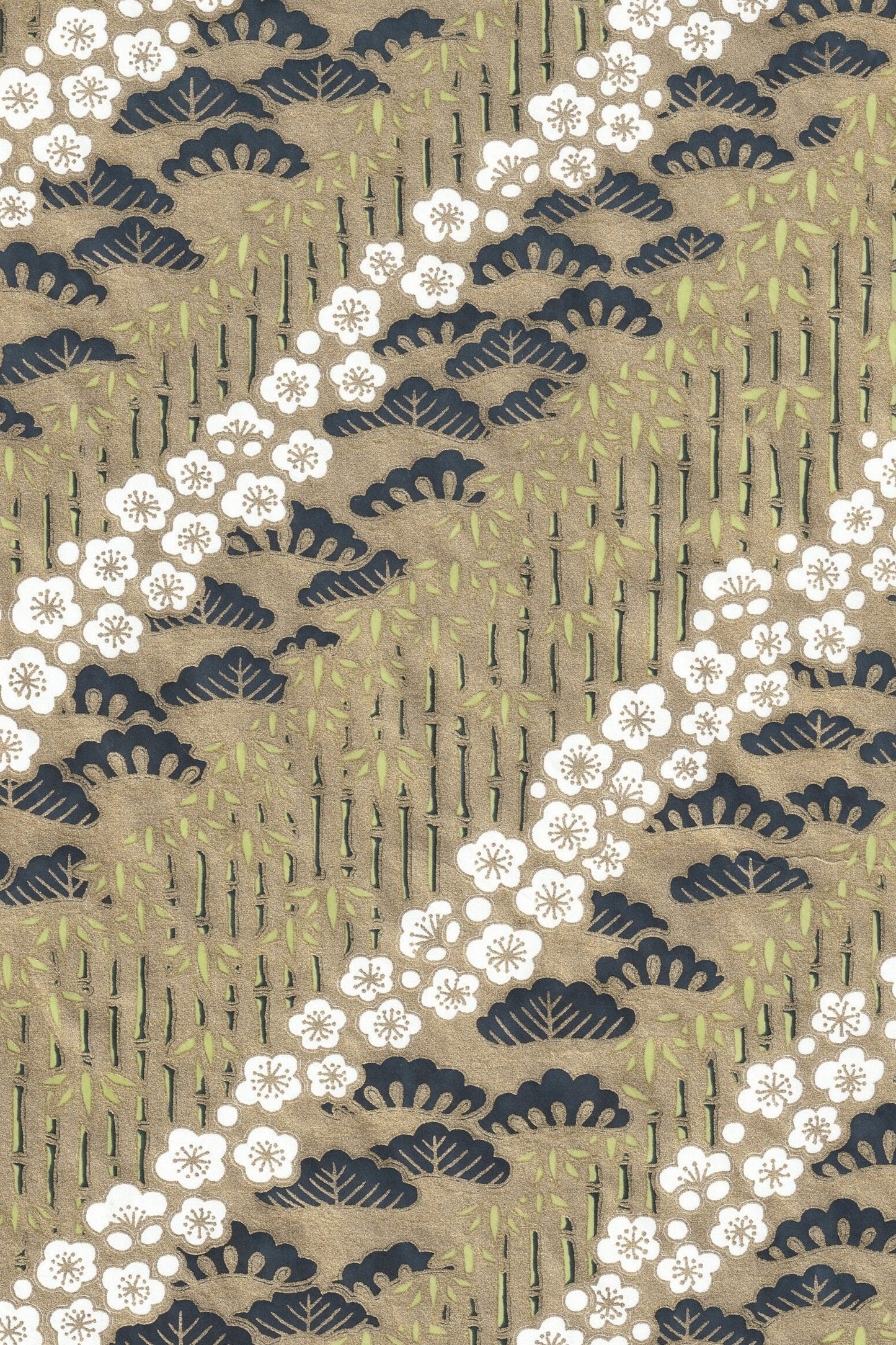 Chiyogami paper with Decorative pattern with white flowers and black leaves on a textured beige background