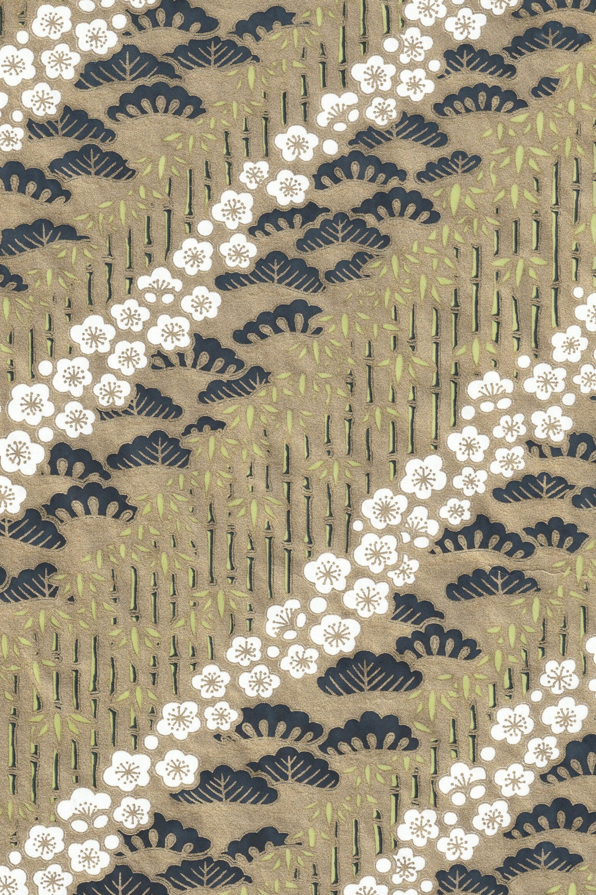 Chiyogami paper with Decorative pattern with white flowers and black leaves on a textured beige background