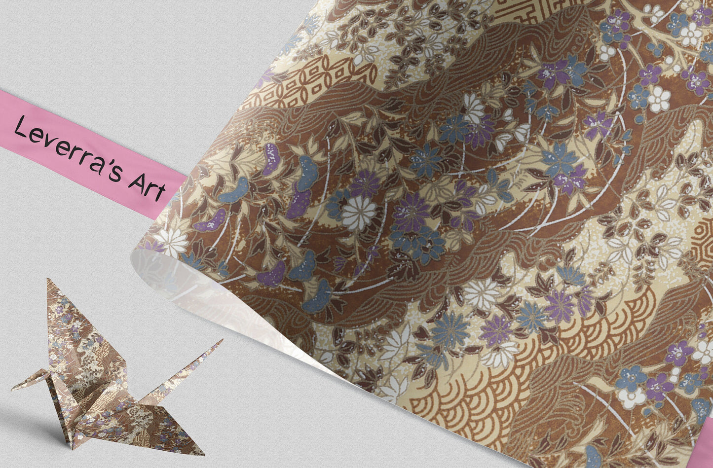 Decorative paper with floral pattern and a folded paper crane on a light gray background, featuring 'Leverra's Art' branding.