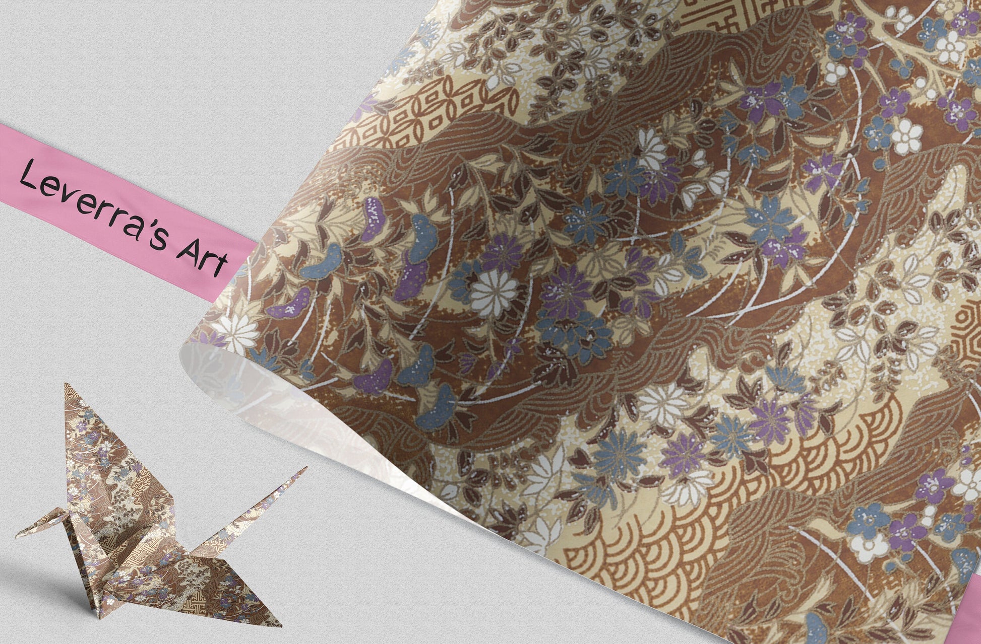 Decorative paper with floral pattern and a folded paper crane on a light gray background, featuring 'Leverra's Art' branding.