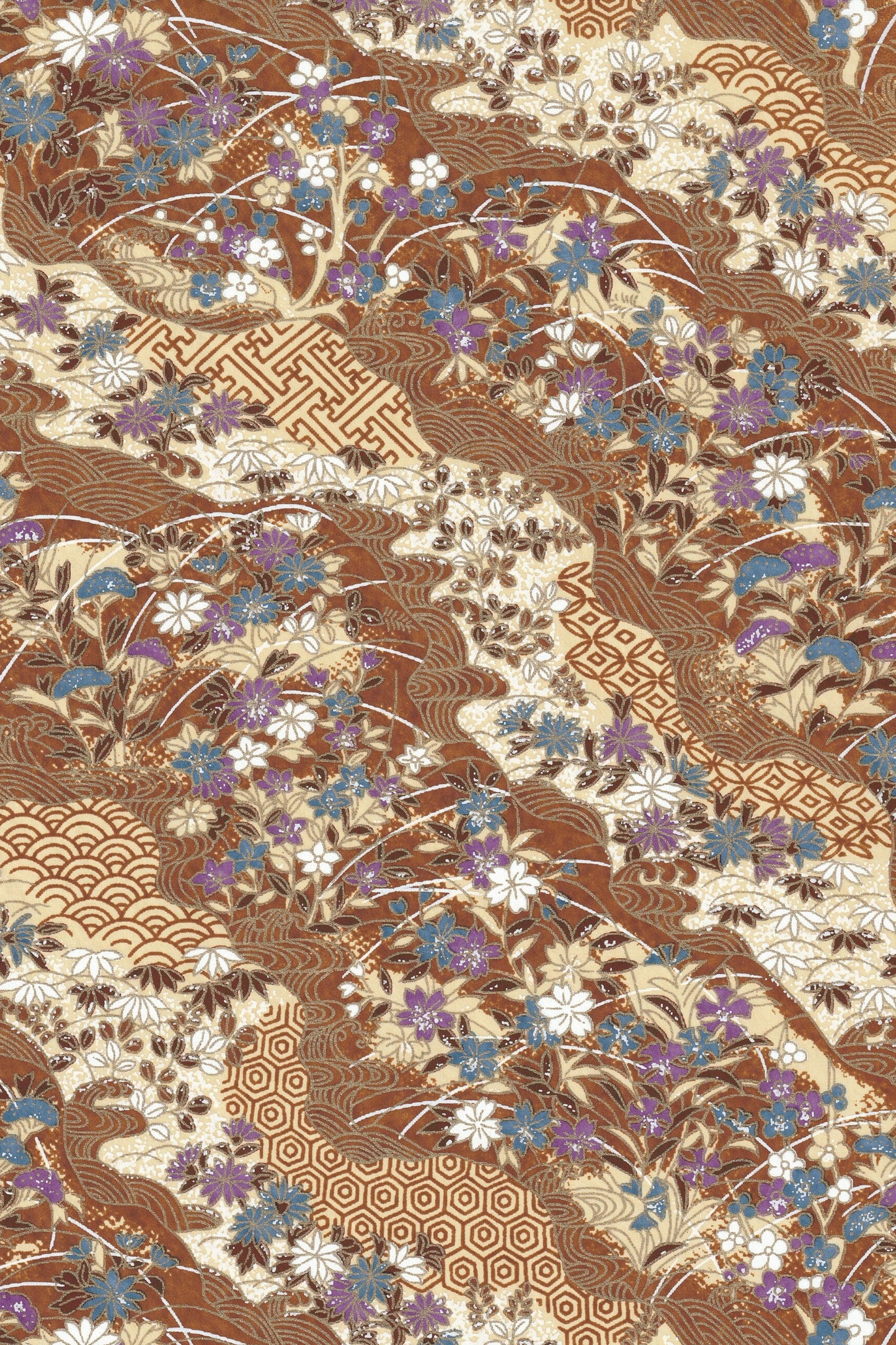Traditional Japanese pattern with flowers and geometric shapes on a brown background