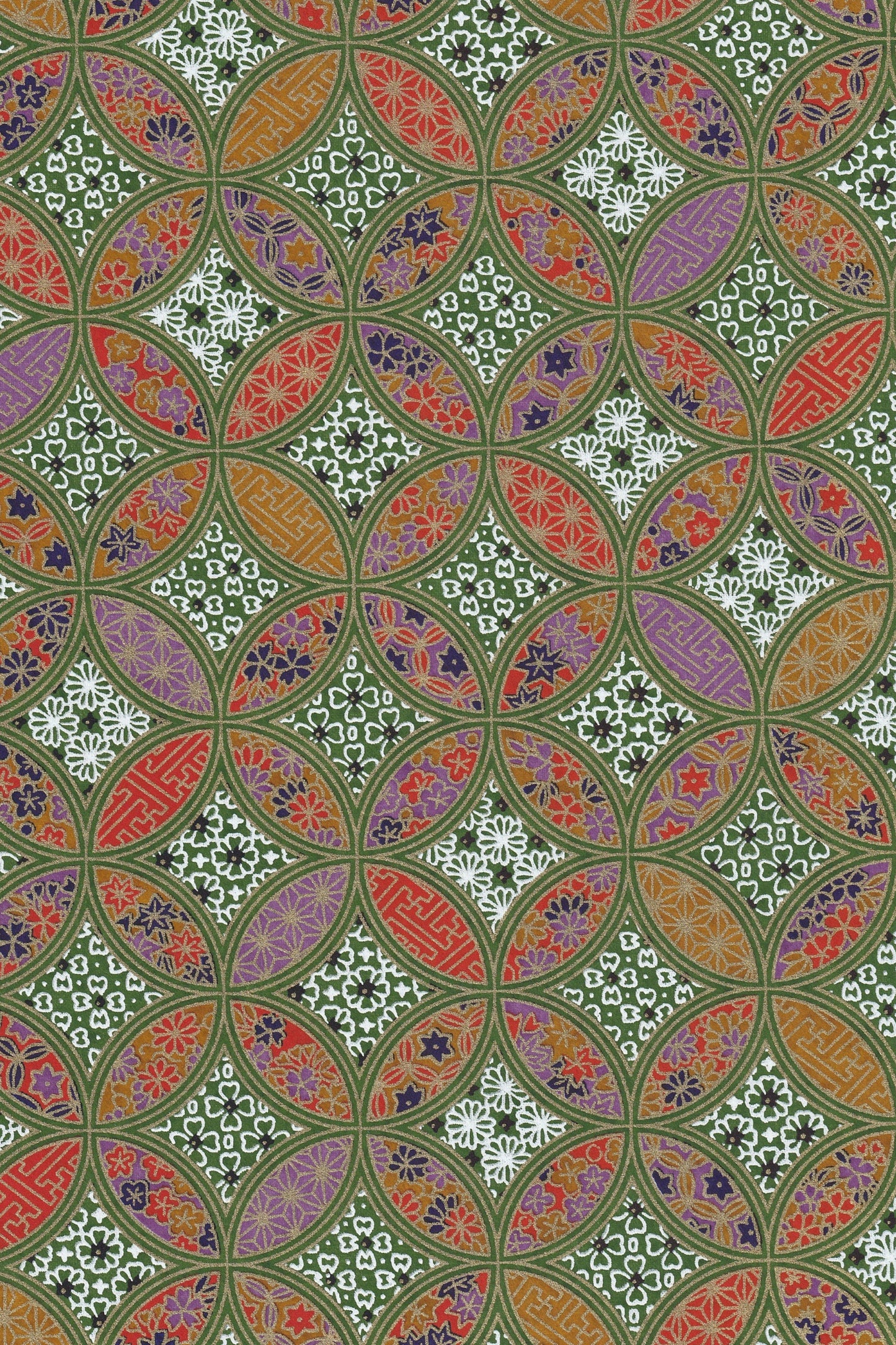 Chiyogami paper with Colorful geometric pattern with a green background