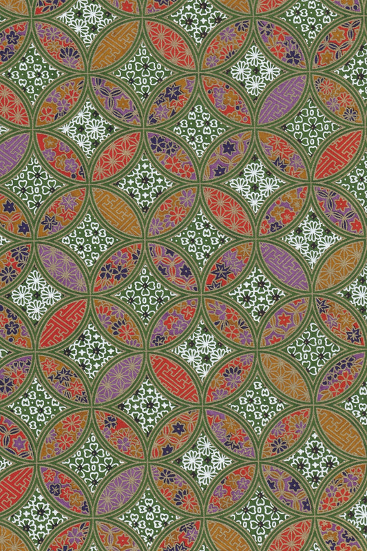 Chiyogami paper with Colorful geometric pattern with a green background