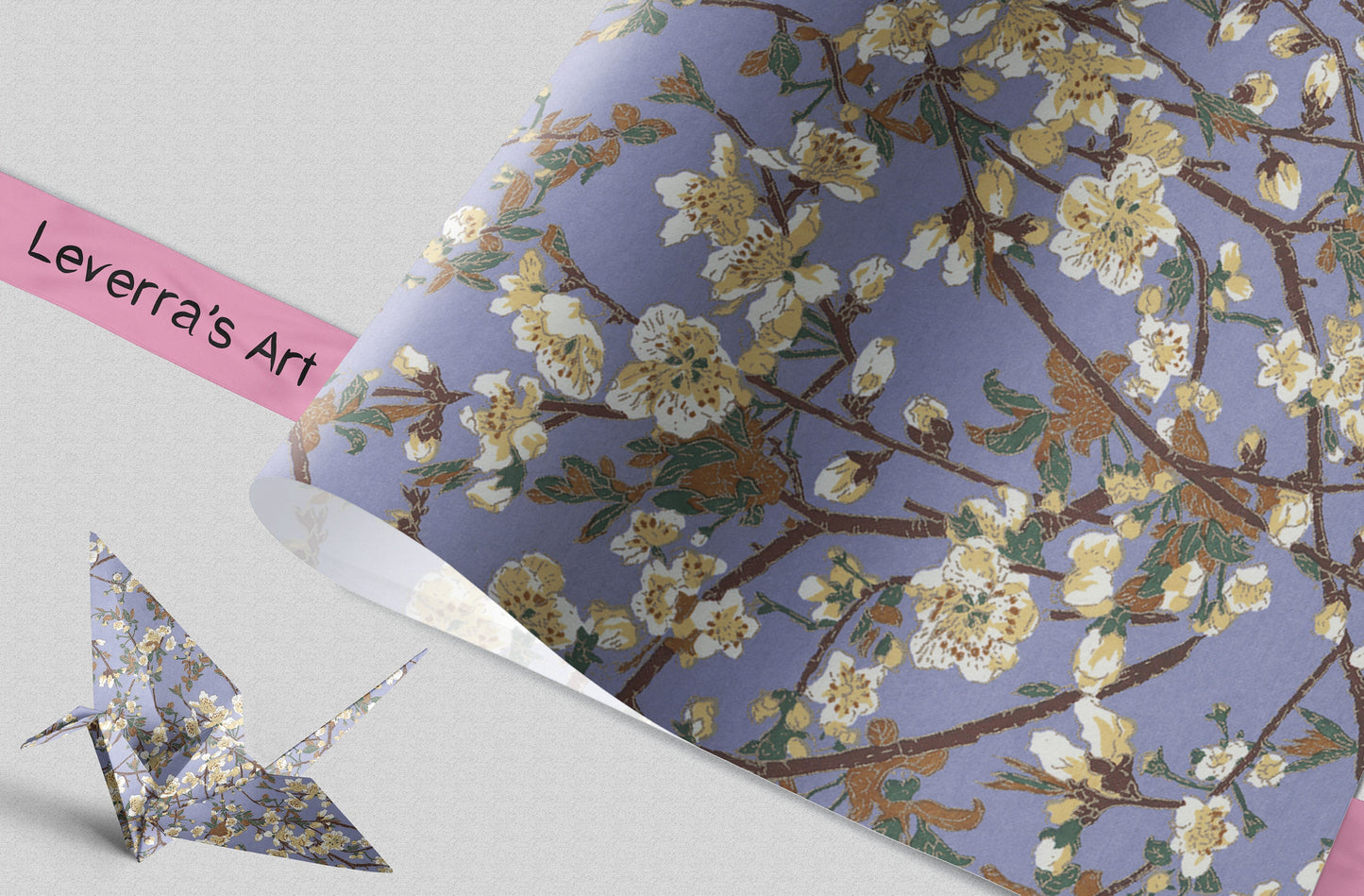 Chiyogami paper with Floral design and an origami crane on a light gray background featuring a "Leverra's Art" label.
