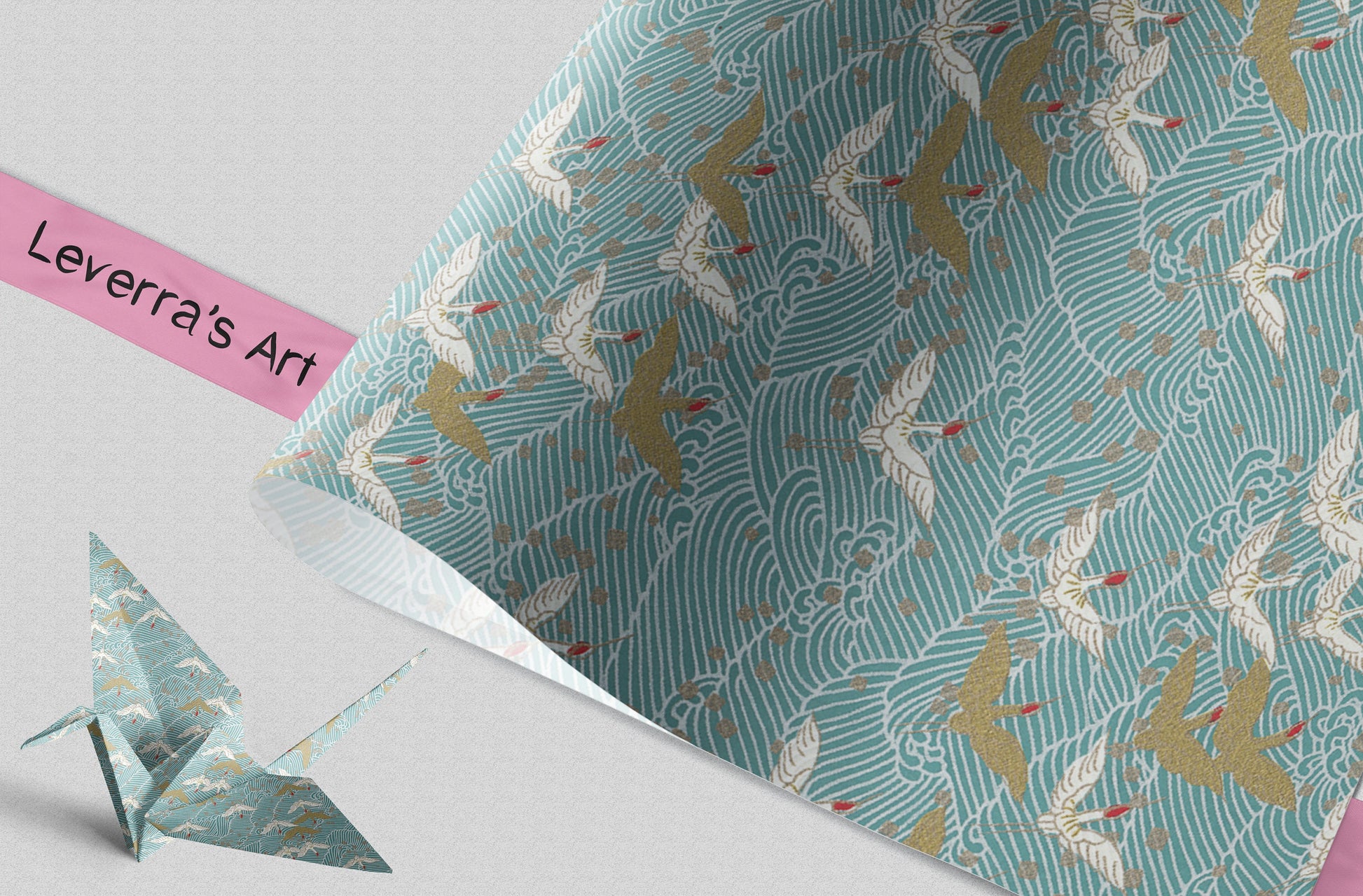 Patterned chiyogami paper with crane design and a folded paper crane on a light gray background, featuring 'Leverra's Art' branding.