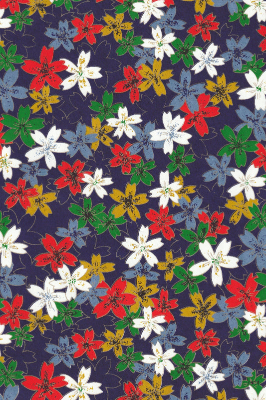Chiyogami paper Pattern of colorful flowers on a dark blue background