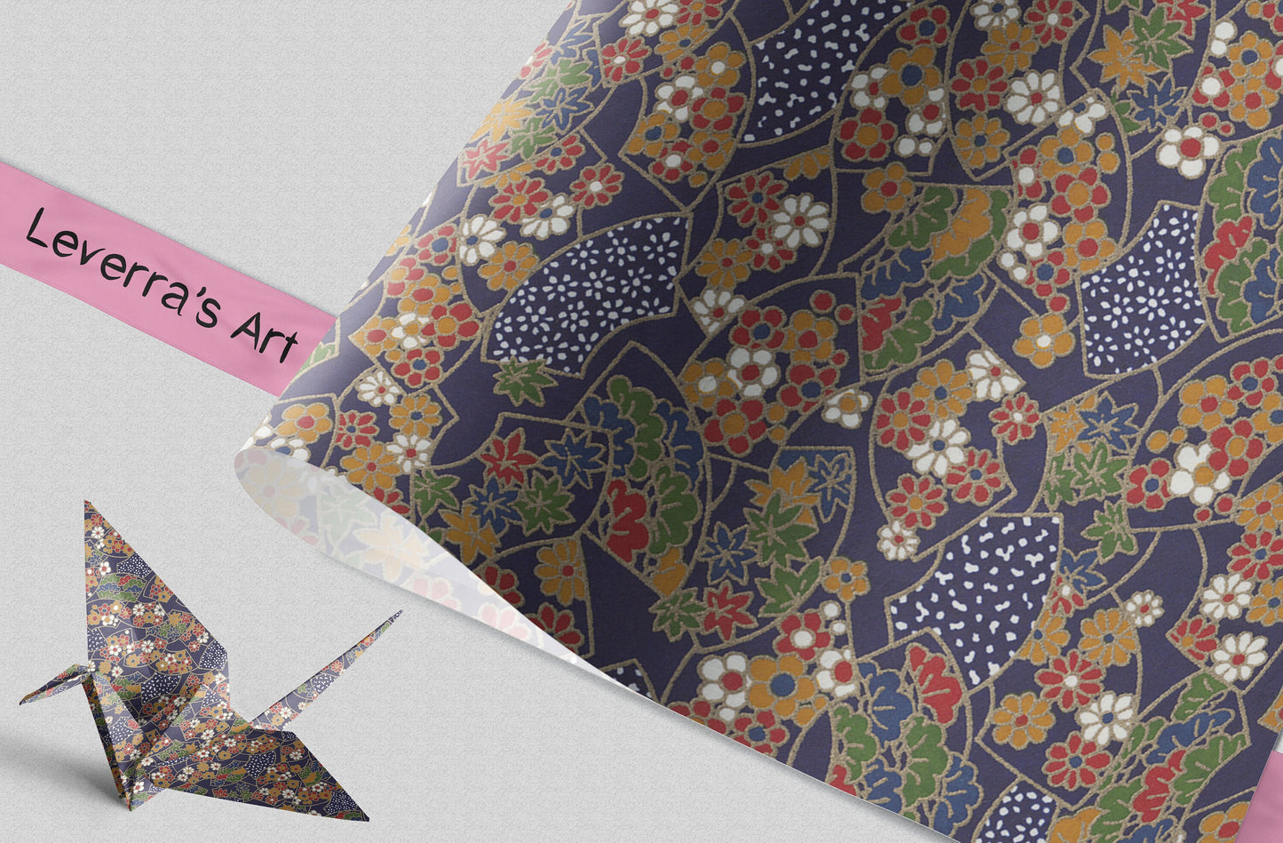 Decorative chiyogami paper with floral pattern and an origami crane on a light gray background featuring a "Leverra's Art" label.