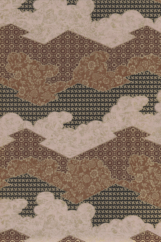 Patterned rug with geometric and floral designs in brown, beige, and green.