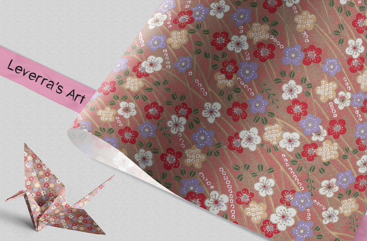 Floral patterned chiyogami paper with an origami crane on a gray background, featuring 'Leverra's Art' branding.