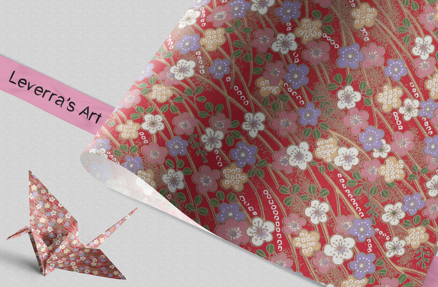 Decorative chiyogami paper with floral pattern and 'Leverra's Art' branding, featuring an origami crane.