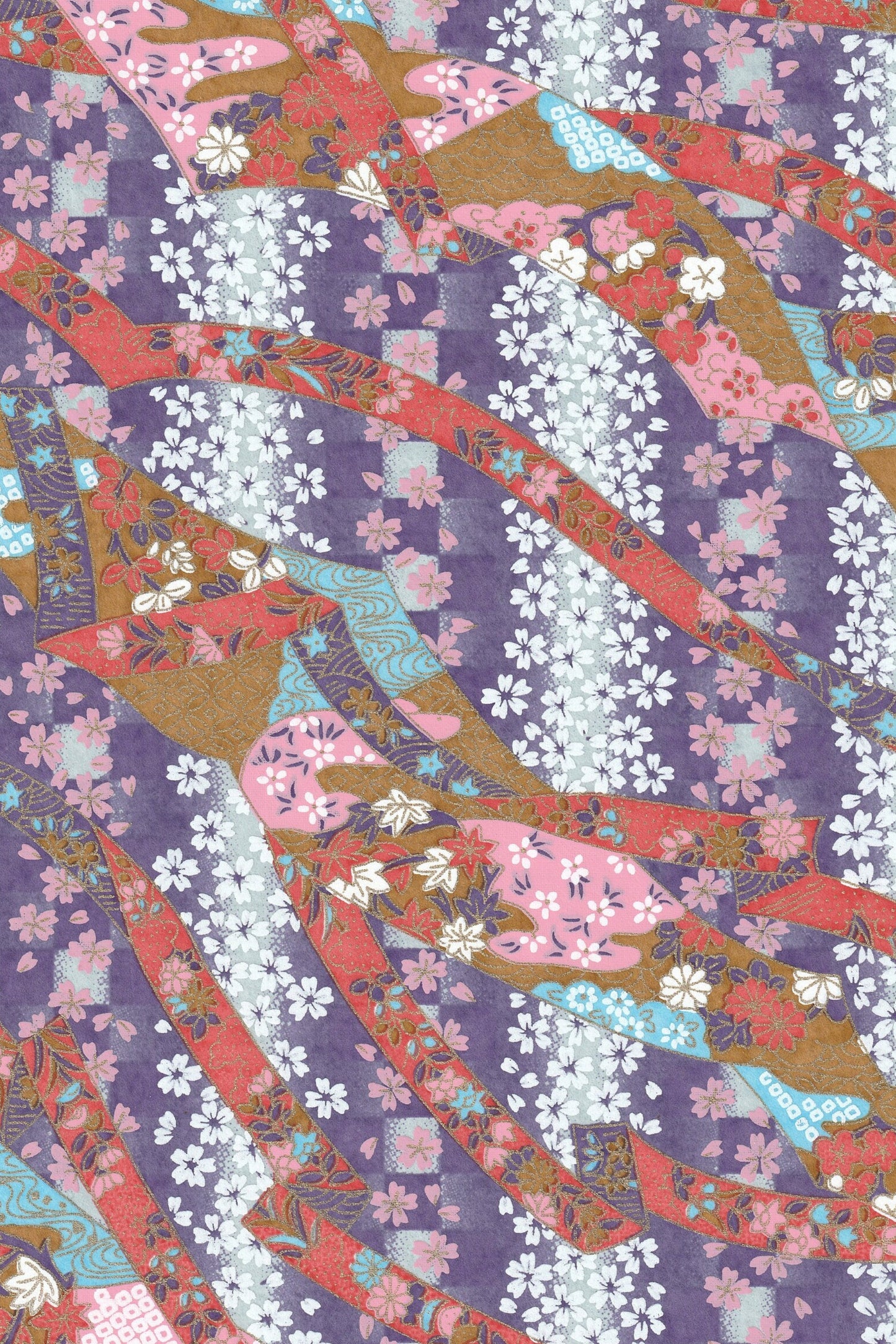 Colorful patterned  chiyogami paper with floral and abstract designs on a purple background