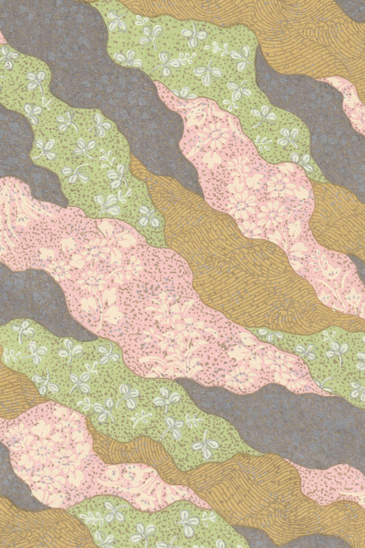 Wavy patterned chiyogami paper  with green, pink, and brown colors on a gray background