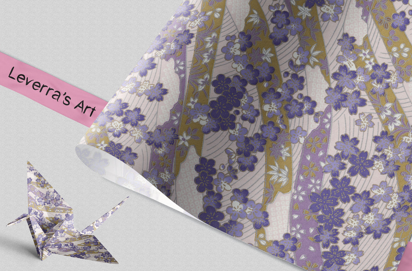 Floral patterned paper with a pink strip and origami crane on a light gray background, featuring 'Leverra's Art' branding.