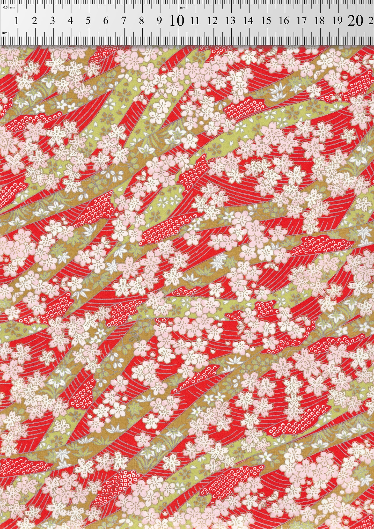  chiyogami paper with red and white floral pattern on a green background