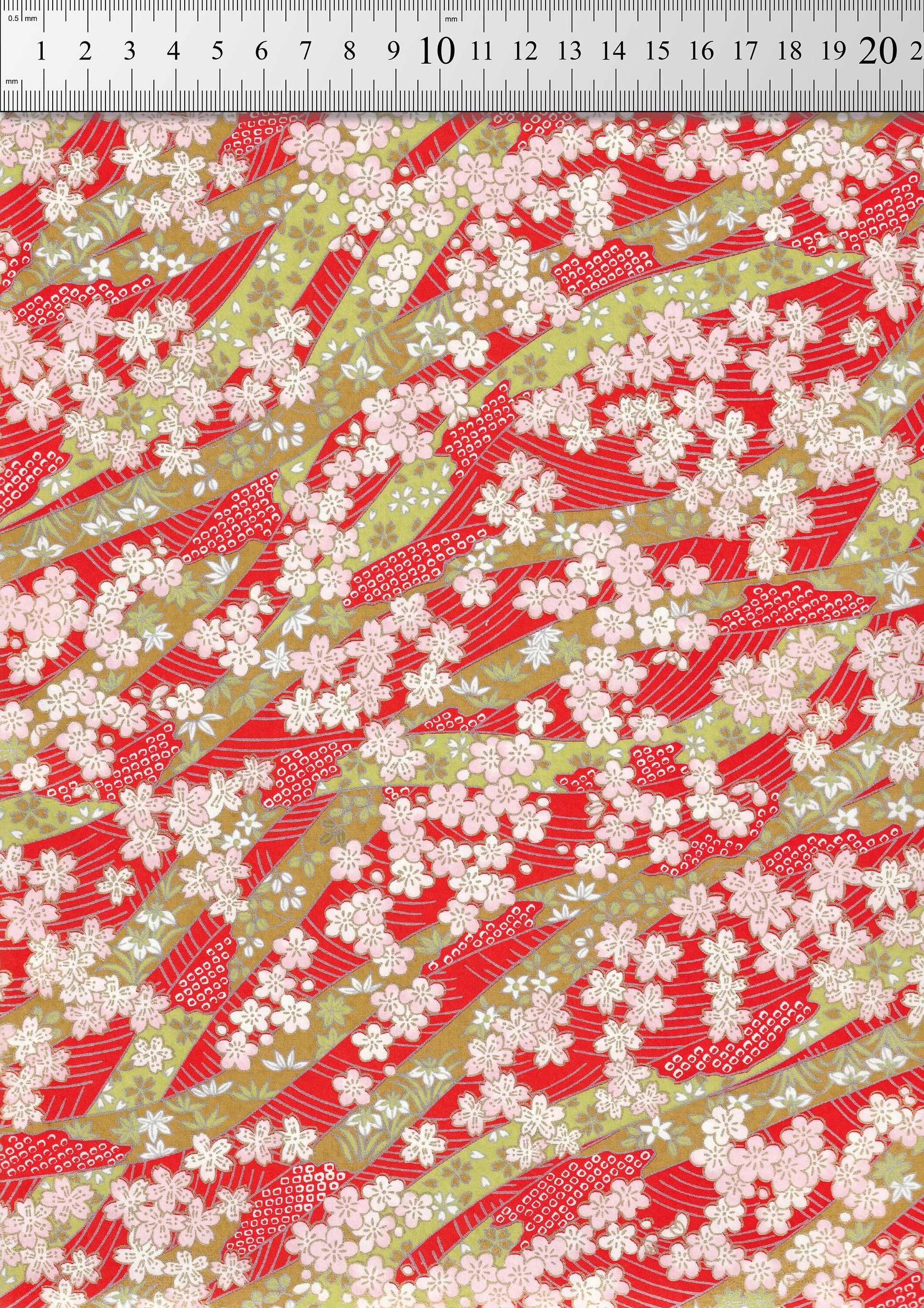  chiyogami paper with red and white floral pattern on a green background