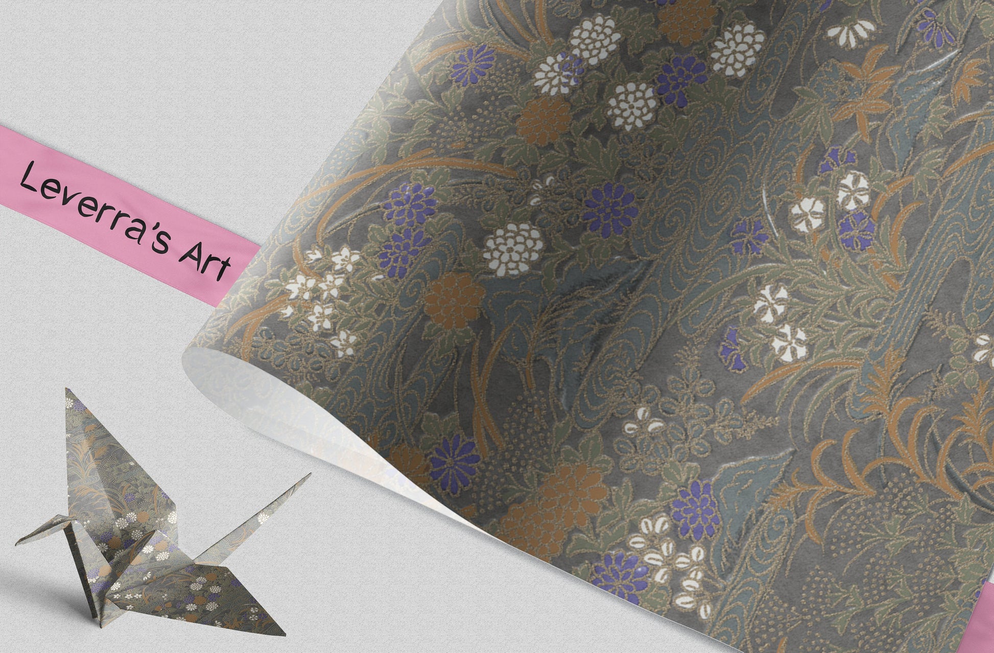 Floral patterned chiyogami paper and an origami crane on a light gray background featuring a "Leverra's Art" label.