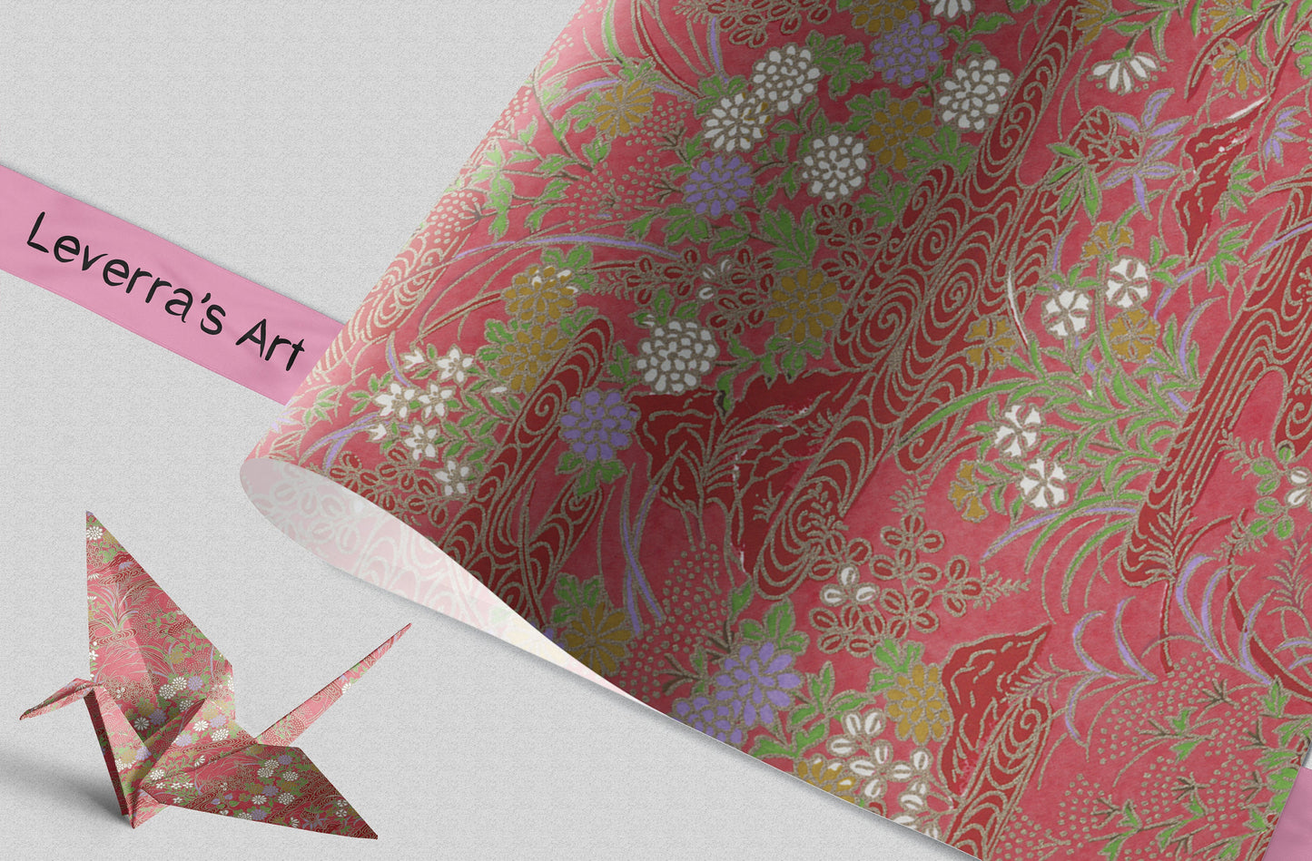 Floral patterned chiyogami paper and an origami crane on a light gray background featuring a "Leverra's Art" label.
