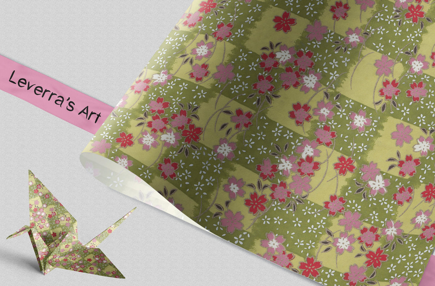 Floral-patterned paper with an origami crane on a gray background, featuring 'Leverra's Art' branding.