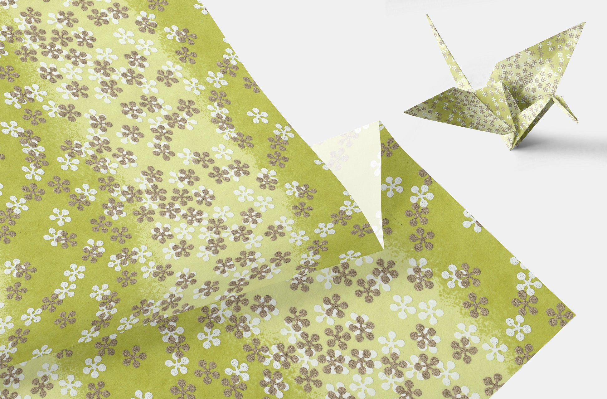 Green floral-patterned paper with a folded paper crane on a white background