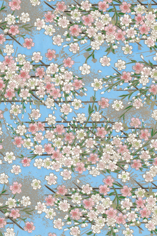 Floral pattern with pink and white flowers on a blue background