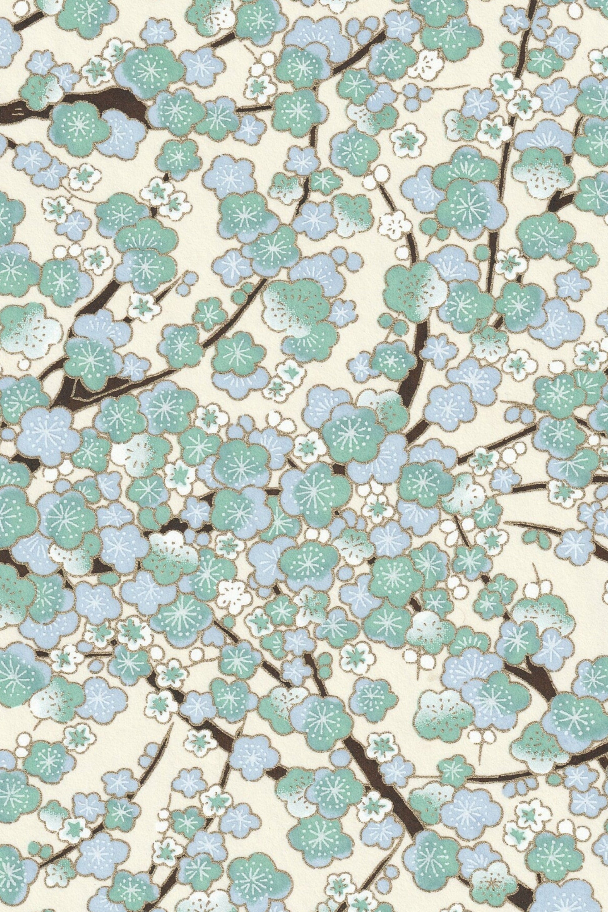 Chiyogami paper with Pattern of blue flowers and brown branches on a beige background