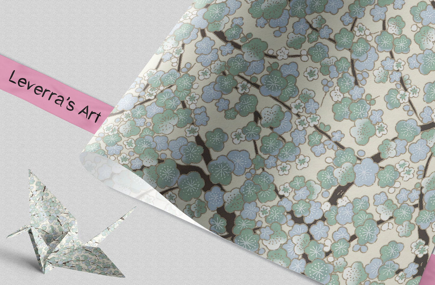 Decorative chiyogami paper with floral pattern and an origami crane on a light gray background featuring a "Leverra's Art" label.