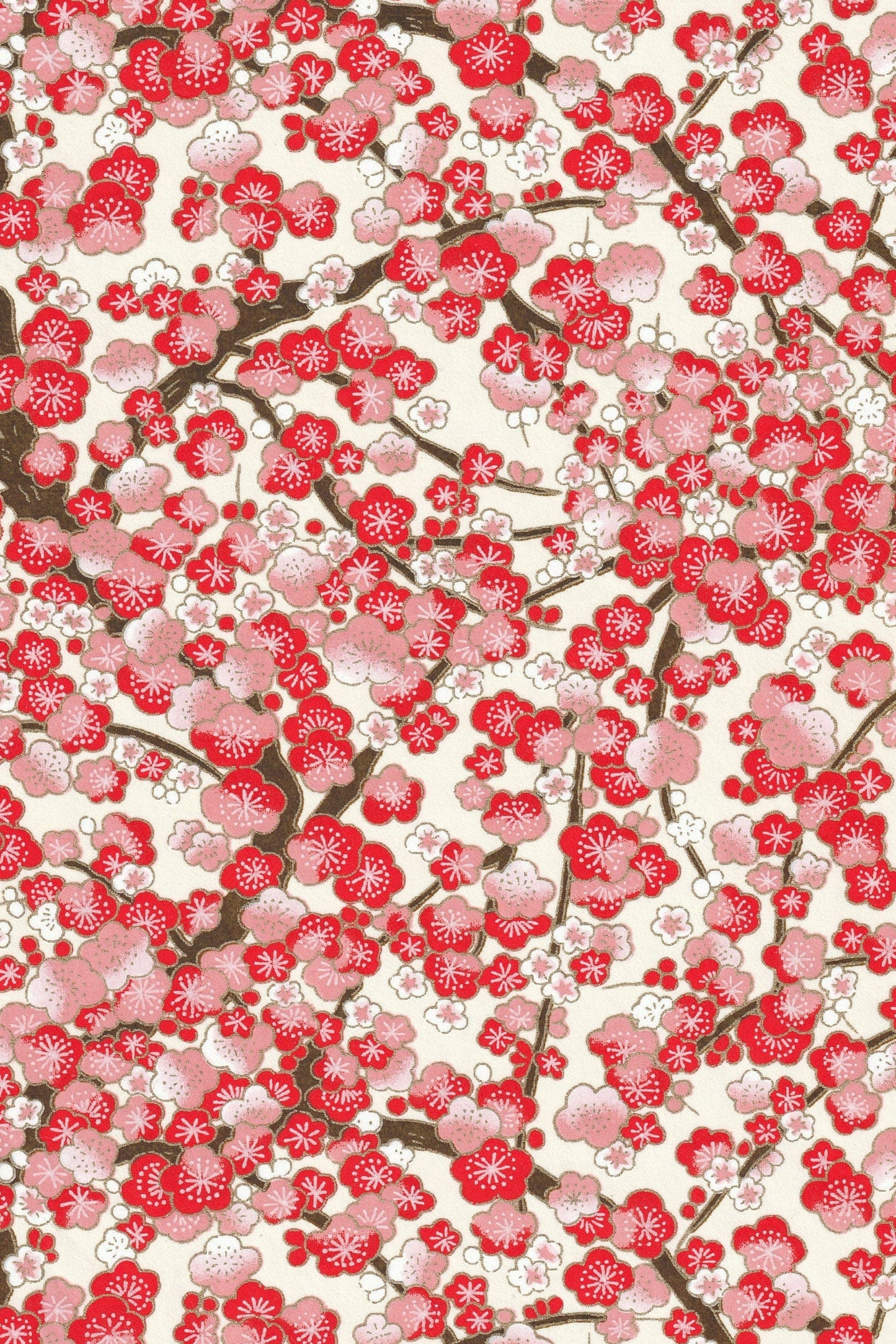 Chiyogami paper with Pattern of red and pink flowers on a white background