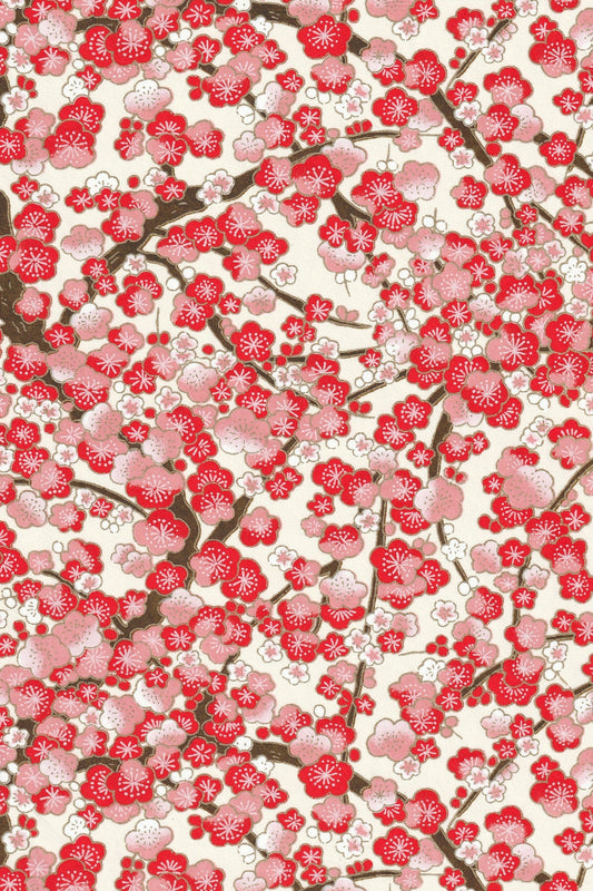 Chiyogami paper with Pattern of red and pink flowers on a white background