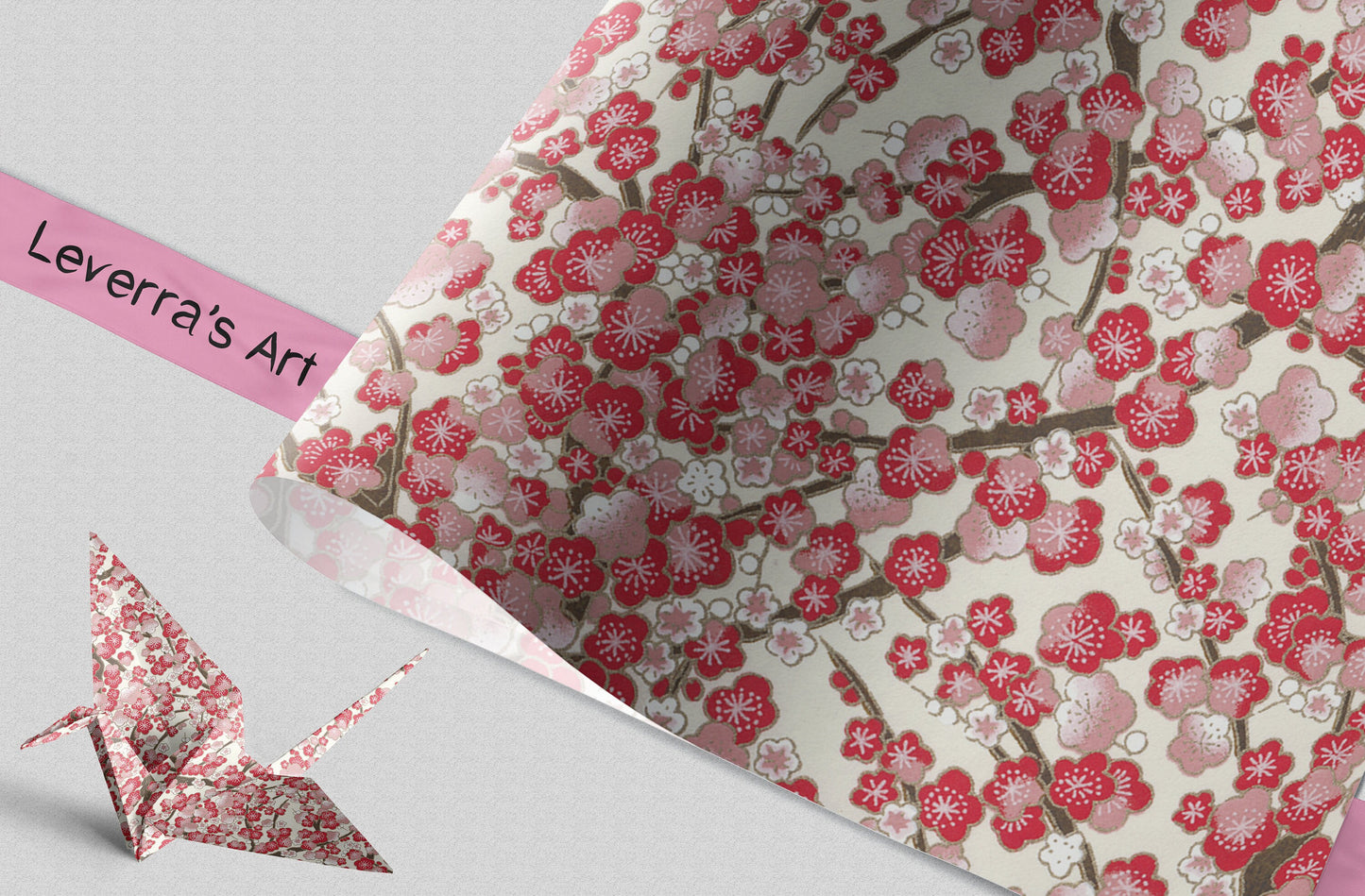 Floral-patterned chiyogami paper and an origami crane on a light gray background featuring a "Leverra's Art" label.