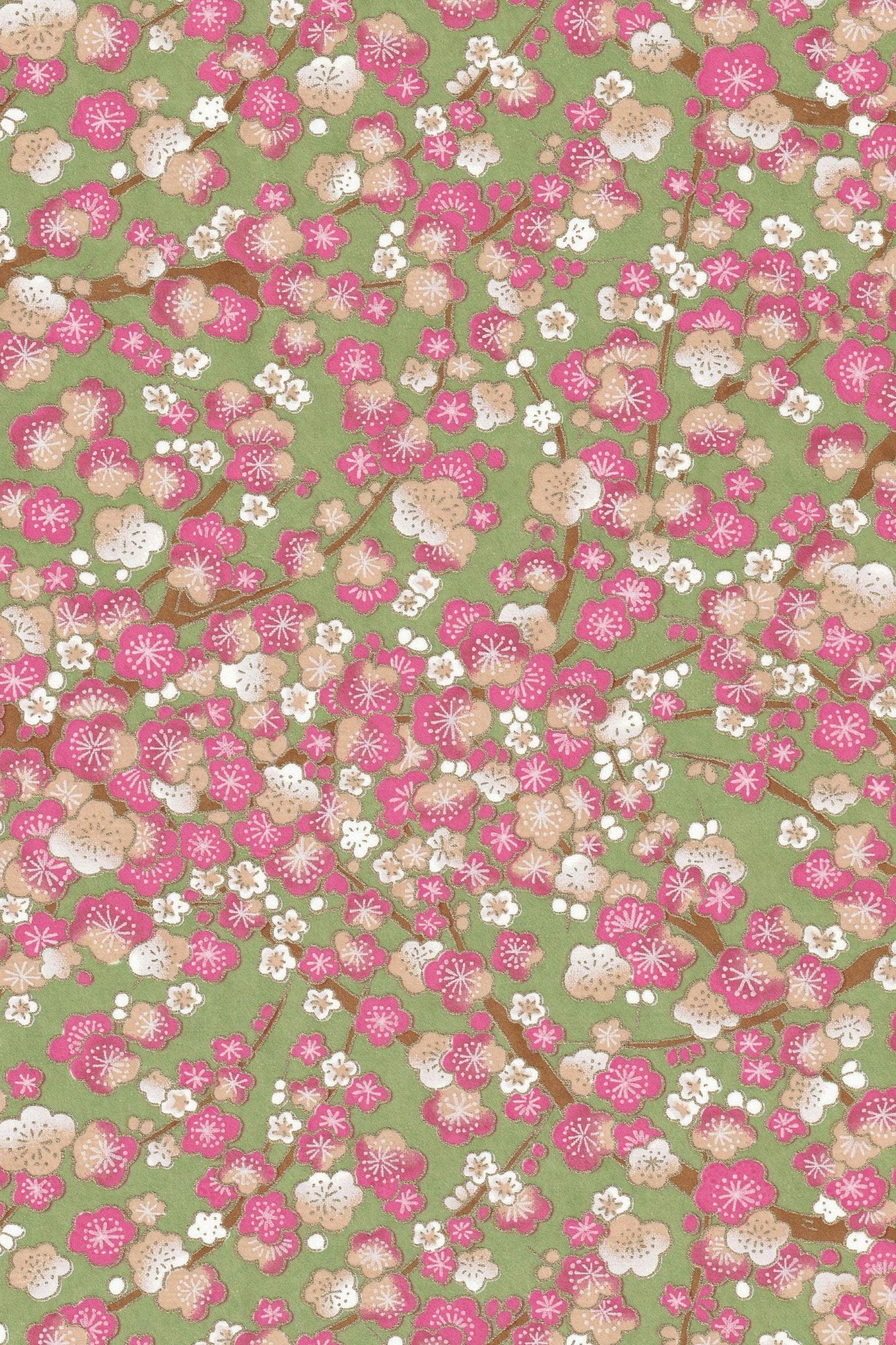 Chiyogami paper with Floral pattern with pink and white flowers on a green background