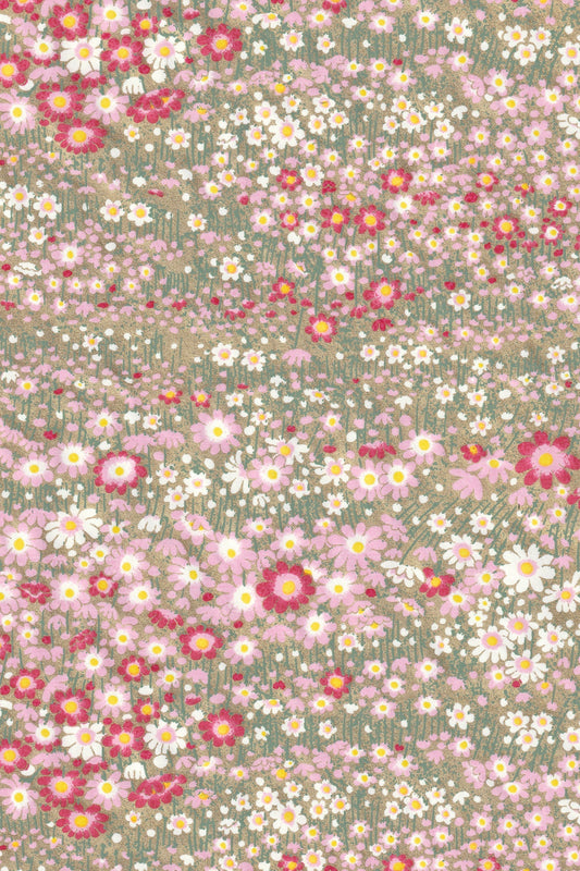 chiyogami paper with pattern of small flowers in pink, white, and red on a green background