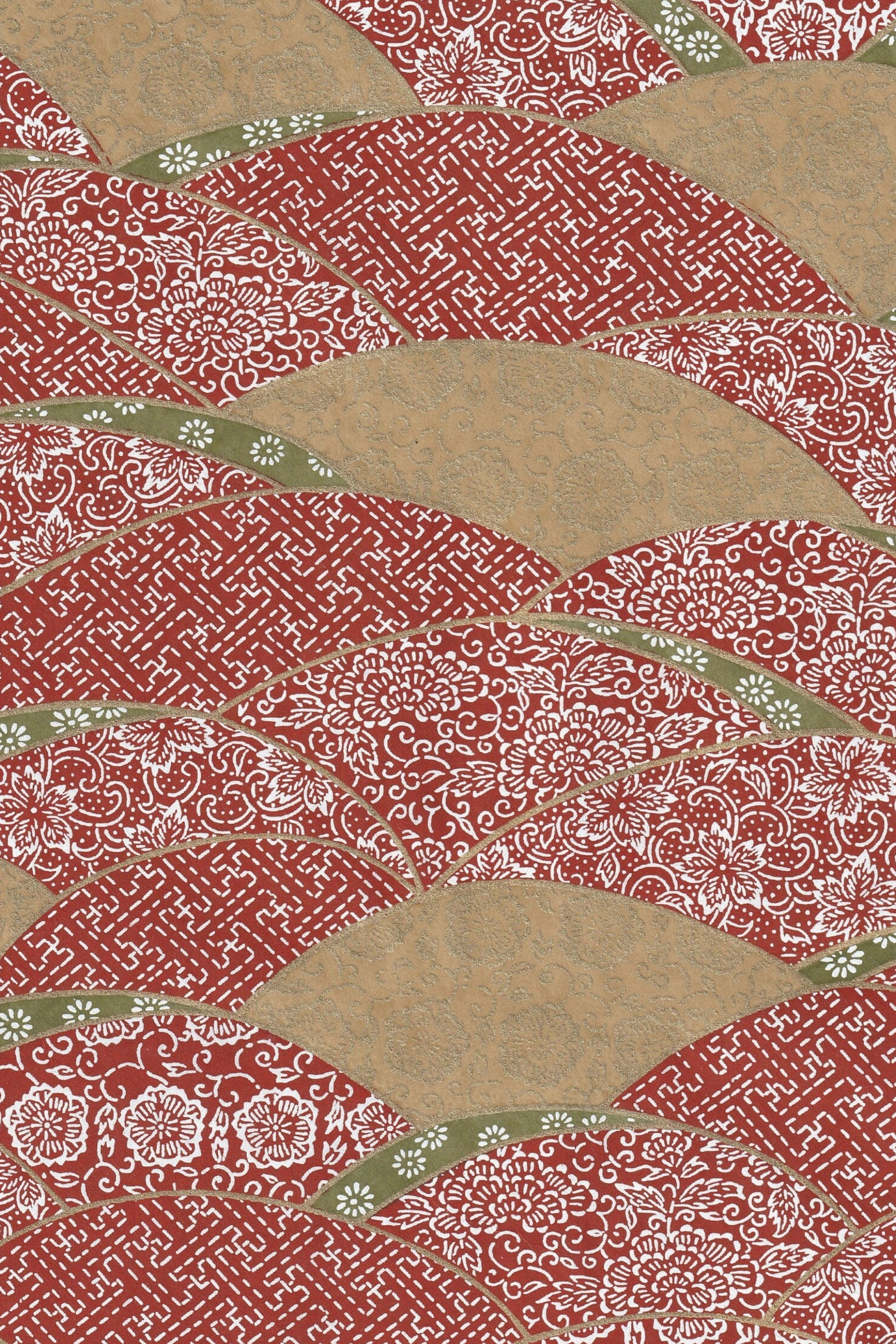 Patterned chiyogami paper with geometric shapes on a red background