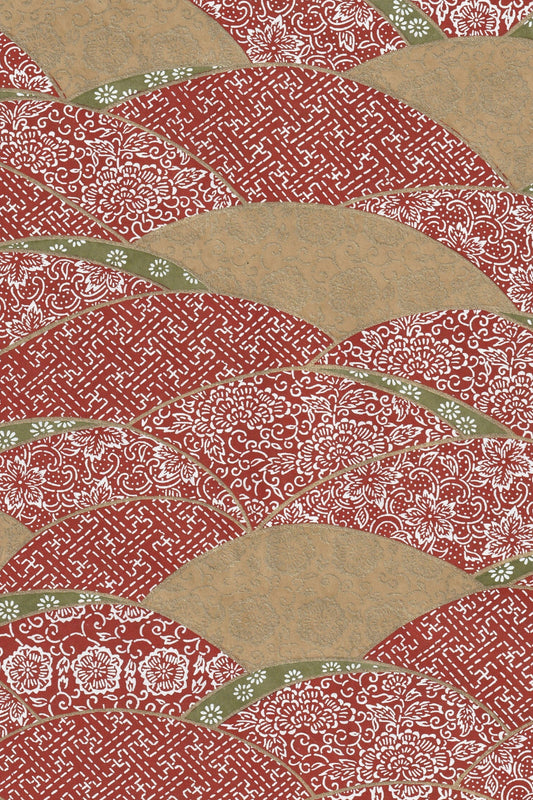 Patterned chiyogami paper with geometric shapes on a red background