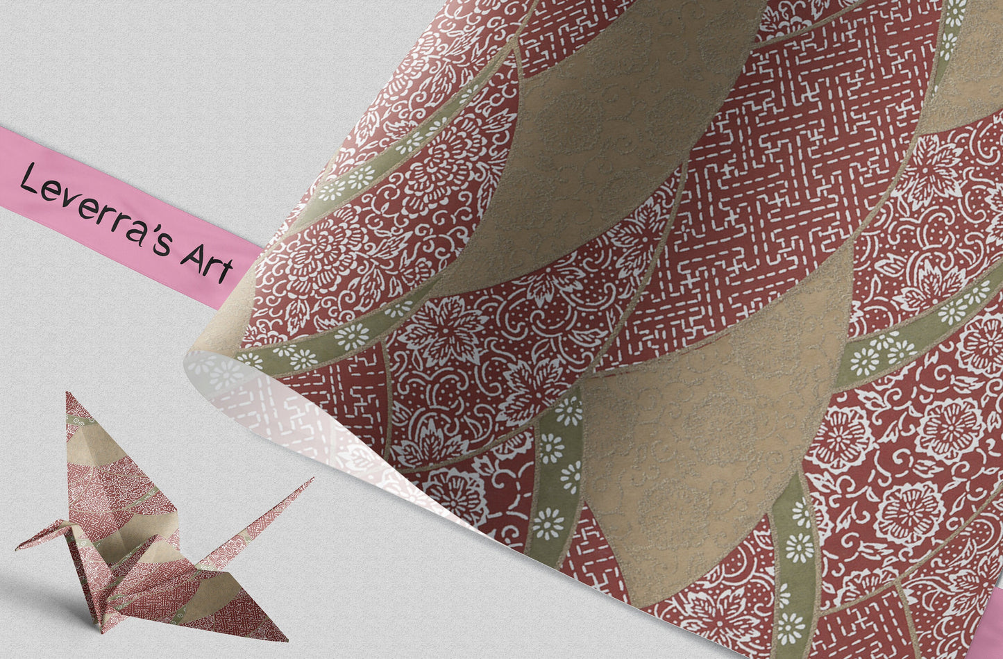 Decorative paper with geometric patterns and a small origami crane on a light gray background, featuring 'Leverra's Art' branding.