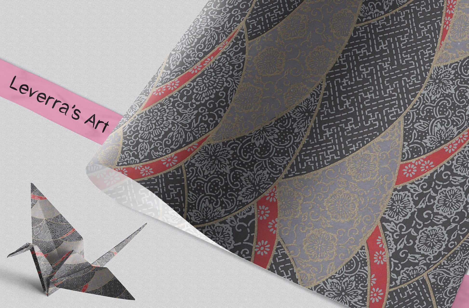 Decorative chiyogami paper with intricate patterns and an origami crane on a white background, featuring 'Leverra's Art' branding.