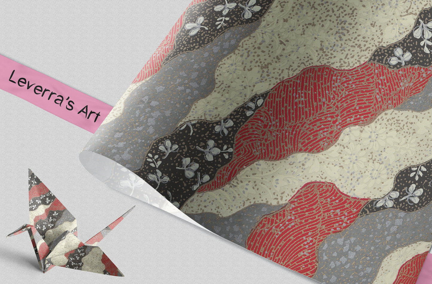 Decorative chiyogami paper with abstract patterns and 'Leverra's Art' label, featuring an origami crane.