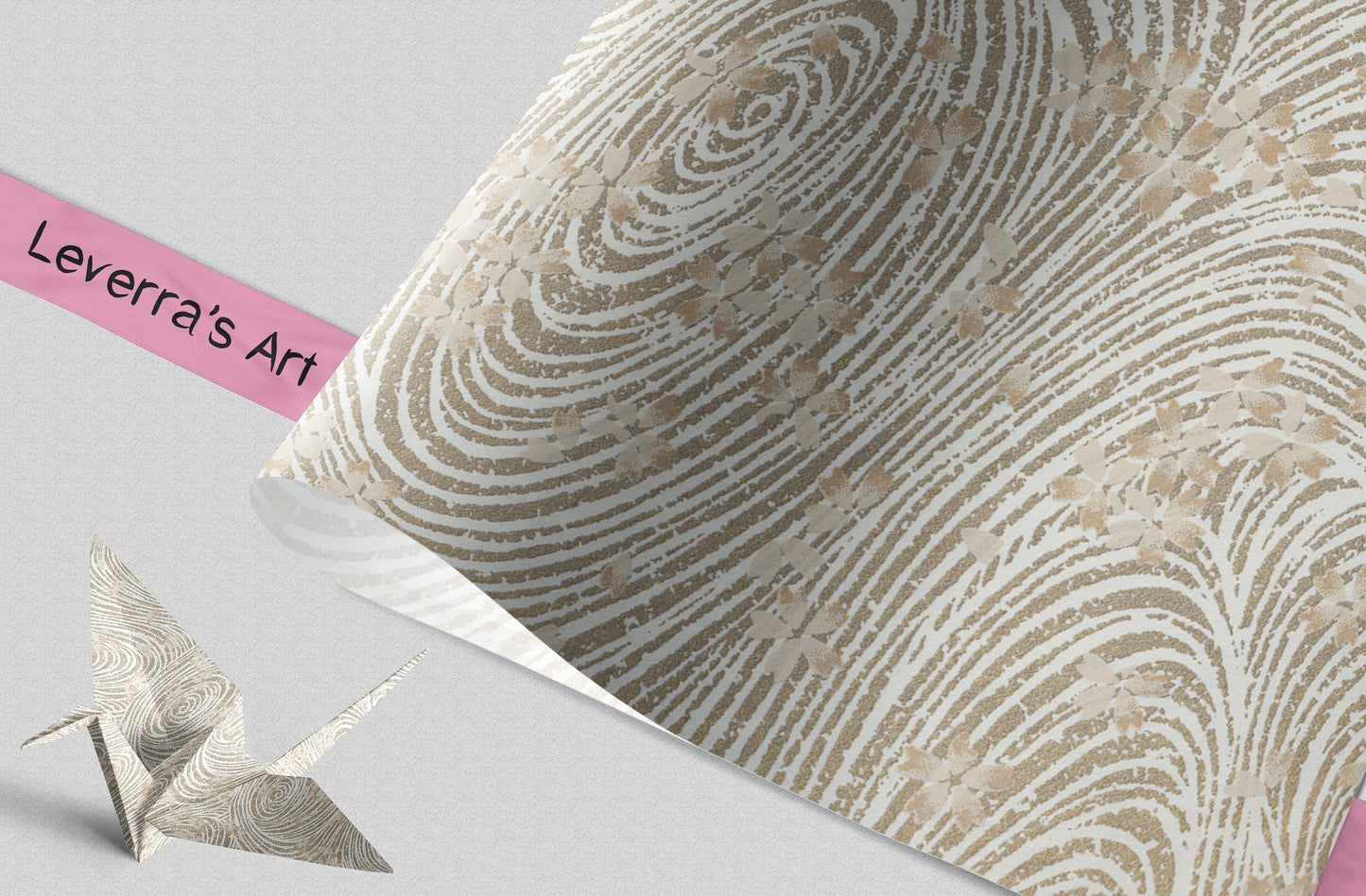 Decorative chiyogami paper with a textured pattern and 'Leverra's Art' label, featuring an origami crane.