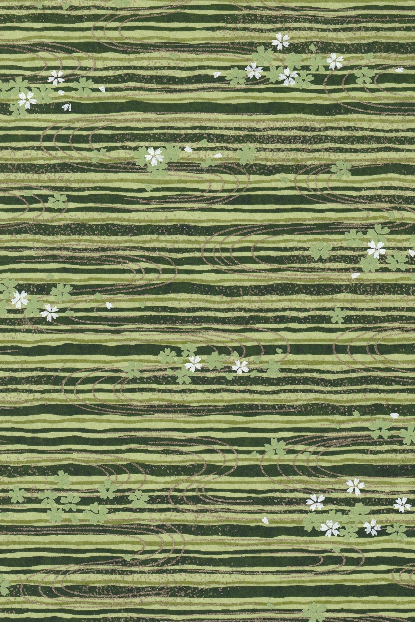 Green chiyogami paper with wavy lines and small white flowers pattern