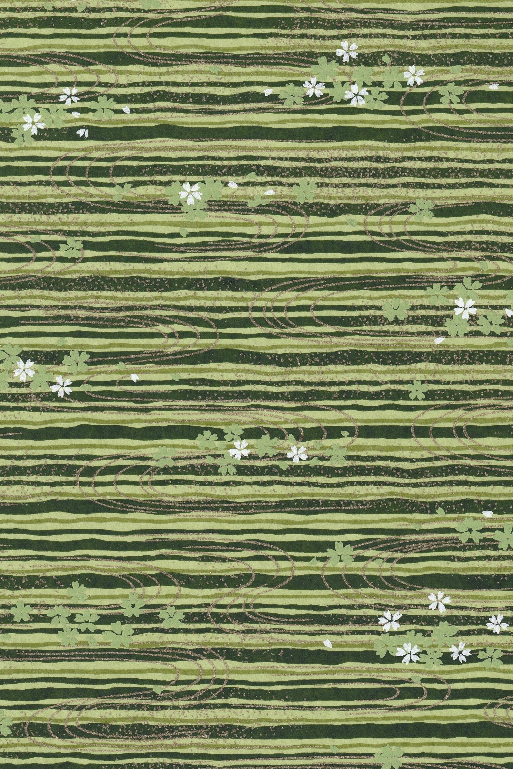 Green chiyogami paper with wavy lines and small white flowers pattern