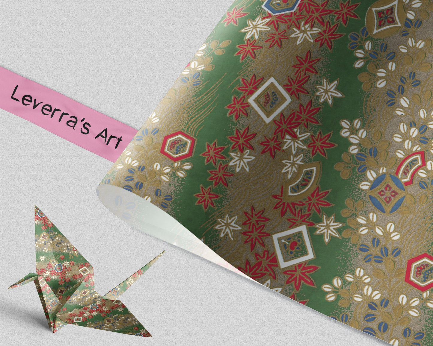 Decorative paper with floral patterns and a folded paper crane on a light gray background, featuring 'Leverra's Art' branding.