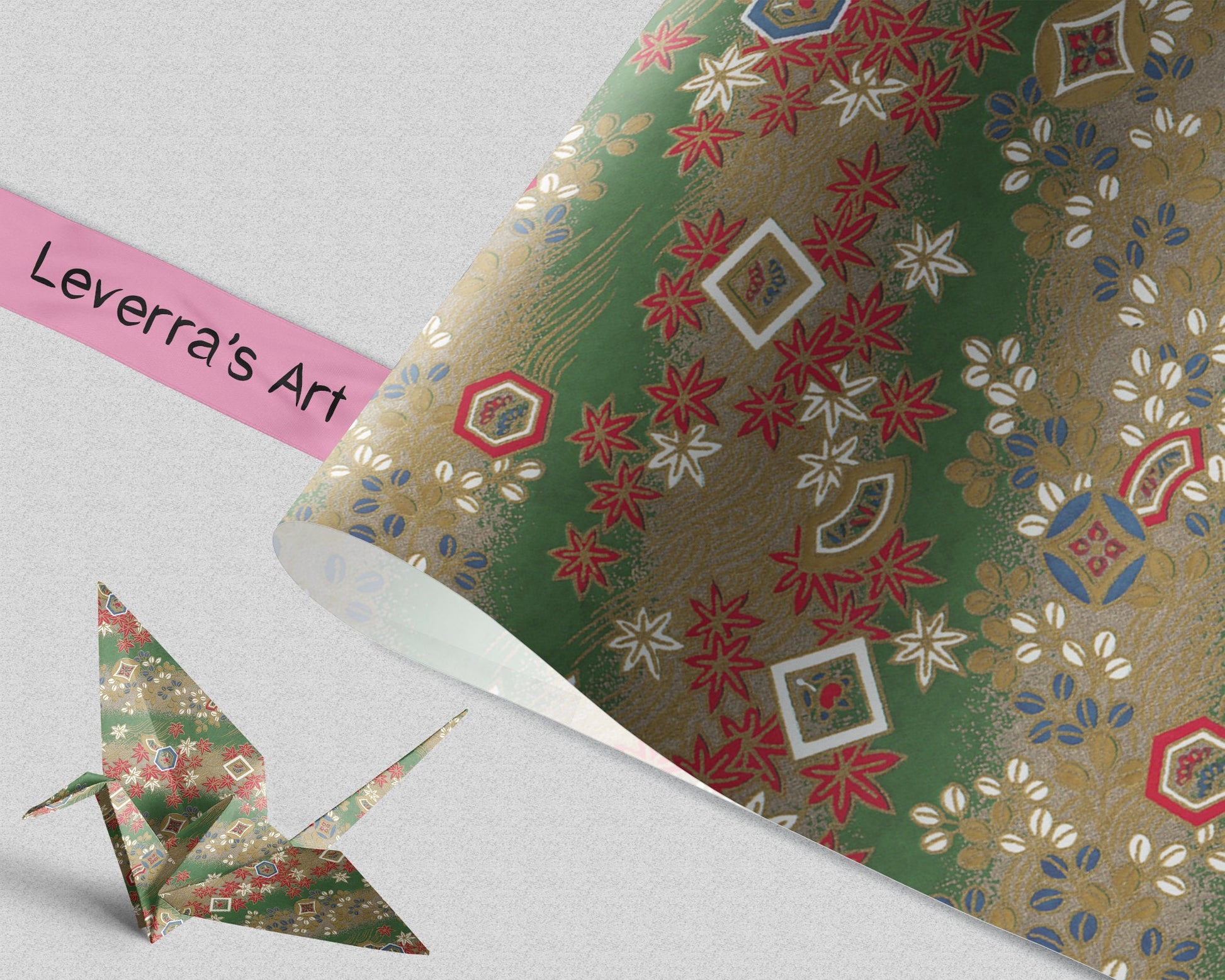 Decorative paper with floral patterns and a folded paper crane on a light gray background, featuring 'Leverra's Art' branding.