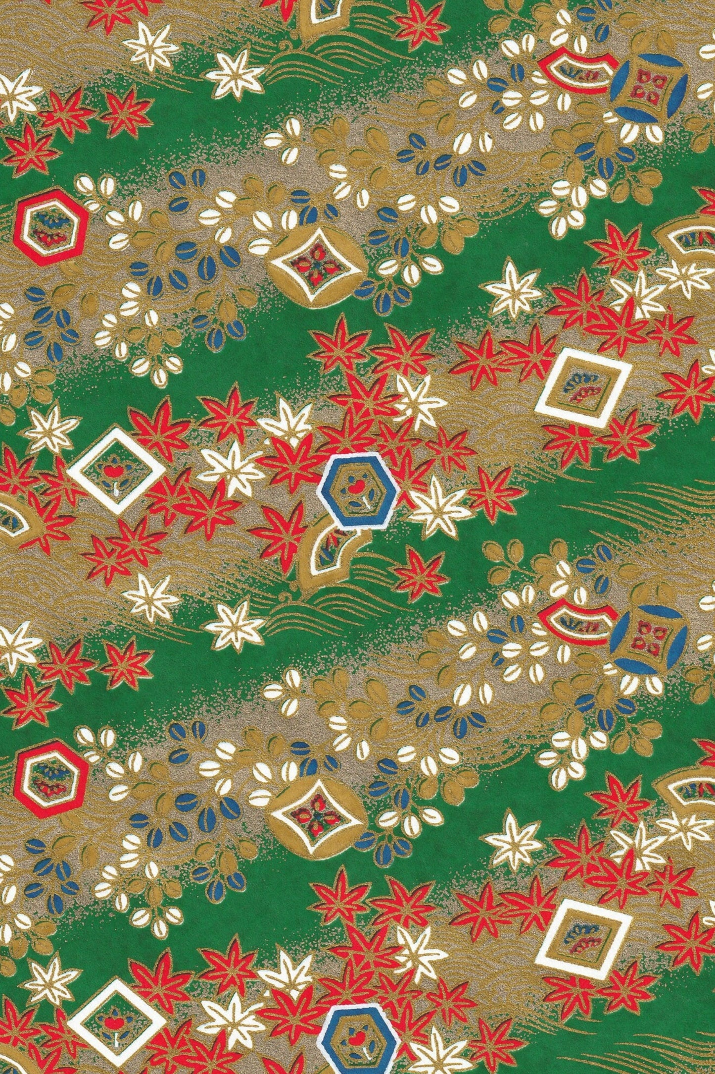Decorative pattern with red, white, and blue elements on a green and gold background