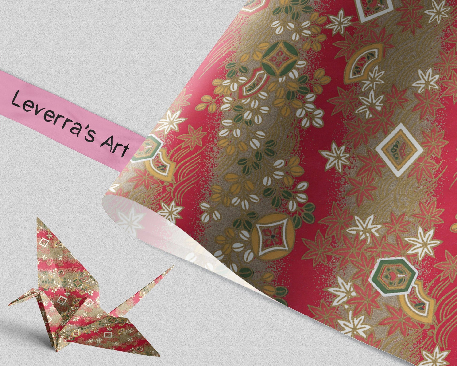 Decorative paper with floral pattern and a folded paper crane on a light gray background, featuring 'Leverra's Art' branding.