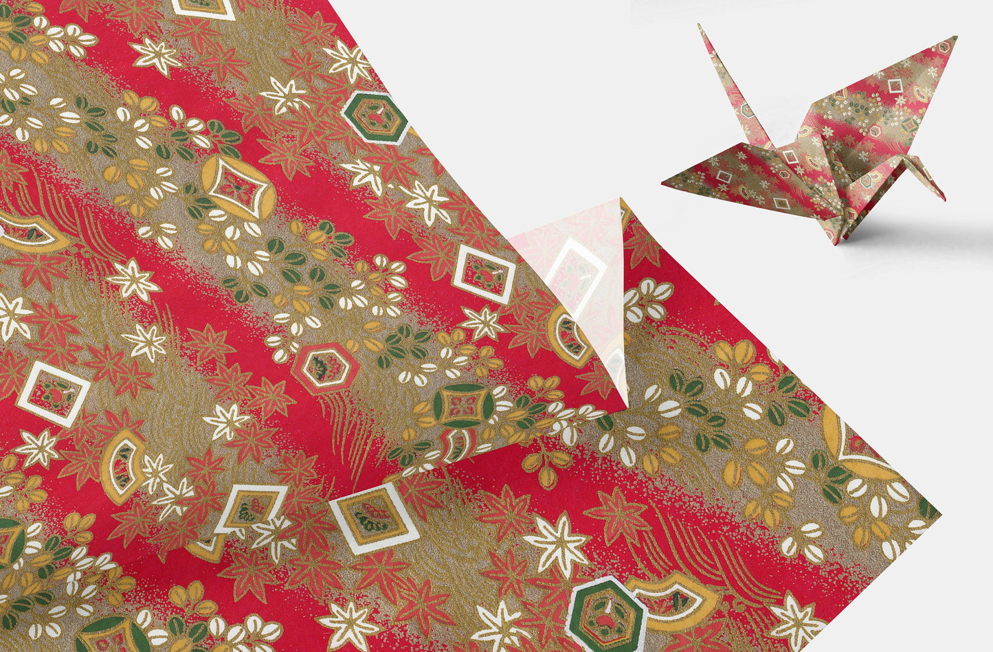 Decorative paper with intricate patterns and a folded paper crane on a white background