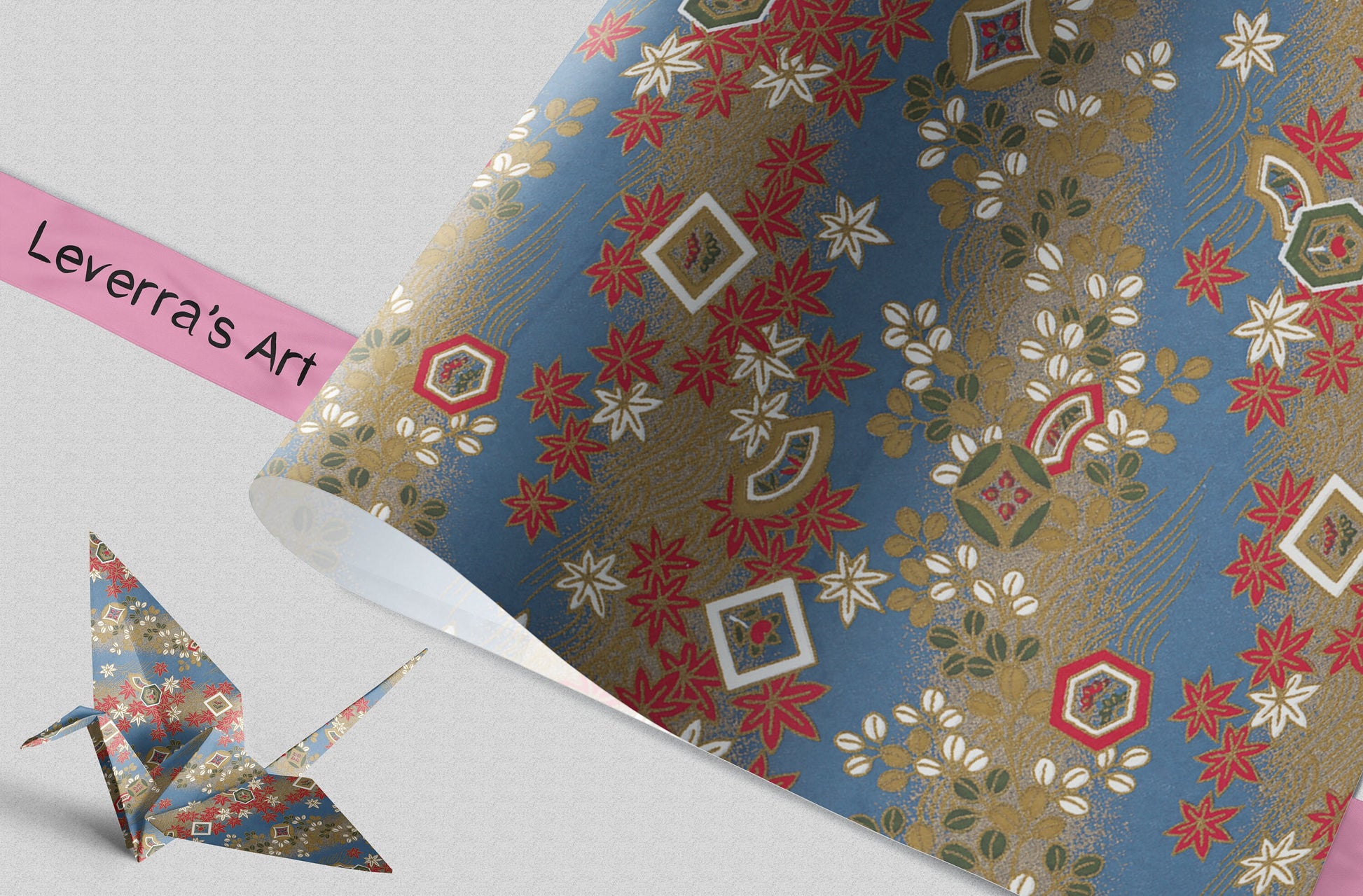 Decorative paper with floral pattern and a folded paper crane on a light gray background.