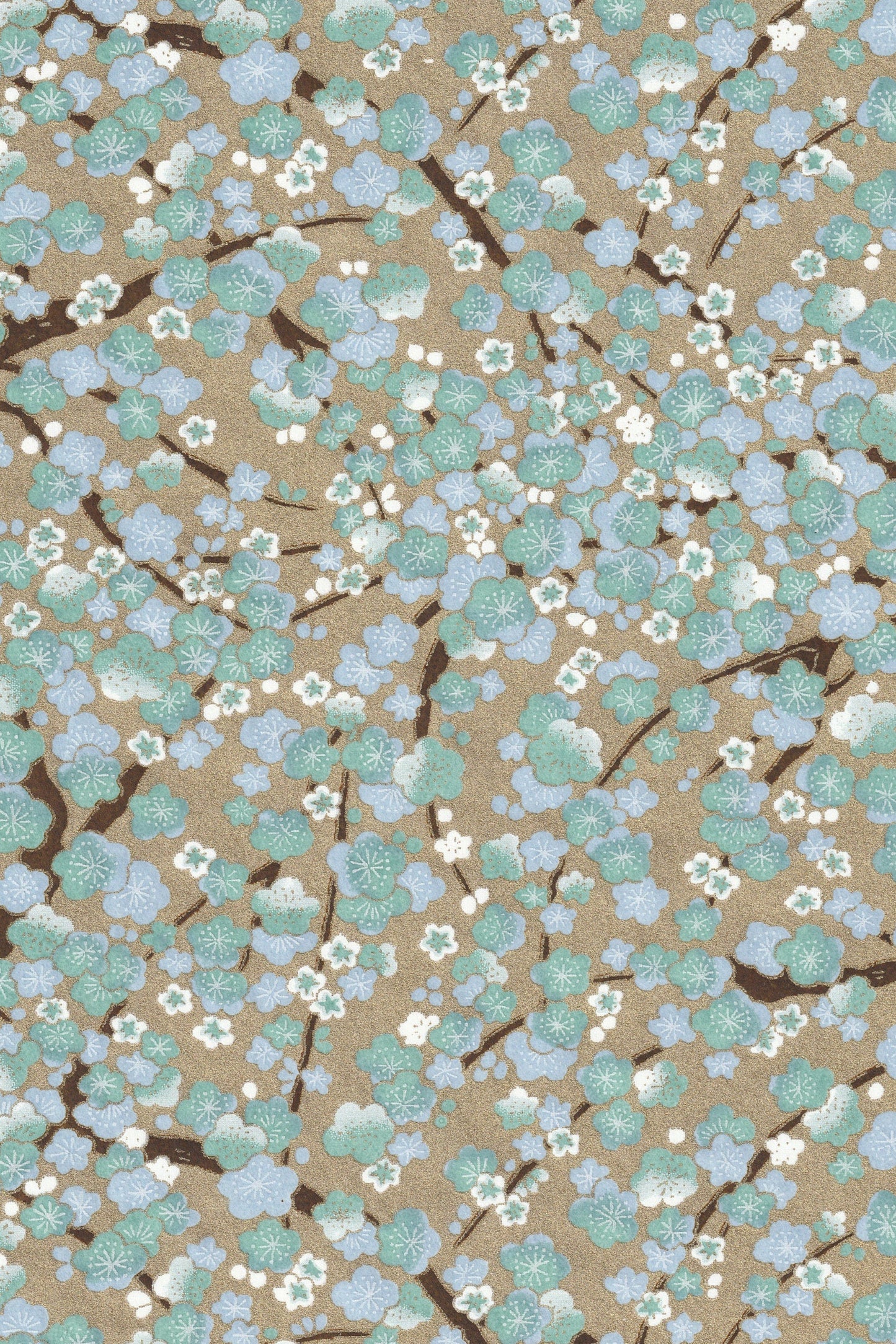 chiyogami paper Pattern of light blue flowers and branches on a beige background