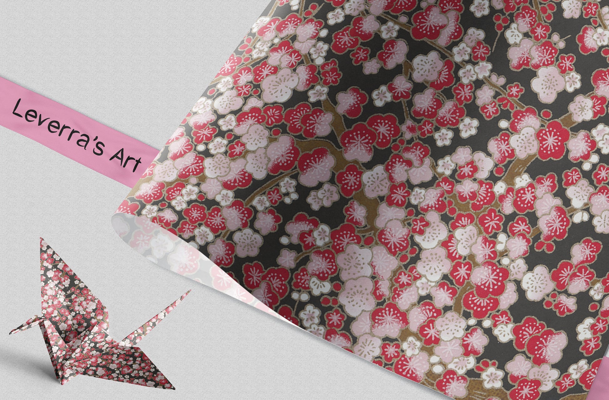 Floral patterned chiyogami paper with a pink origami crane on a gray background, featuring 'Leverra's Art' branding.