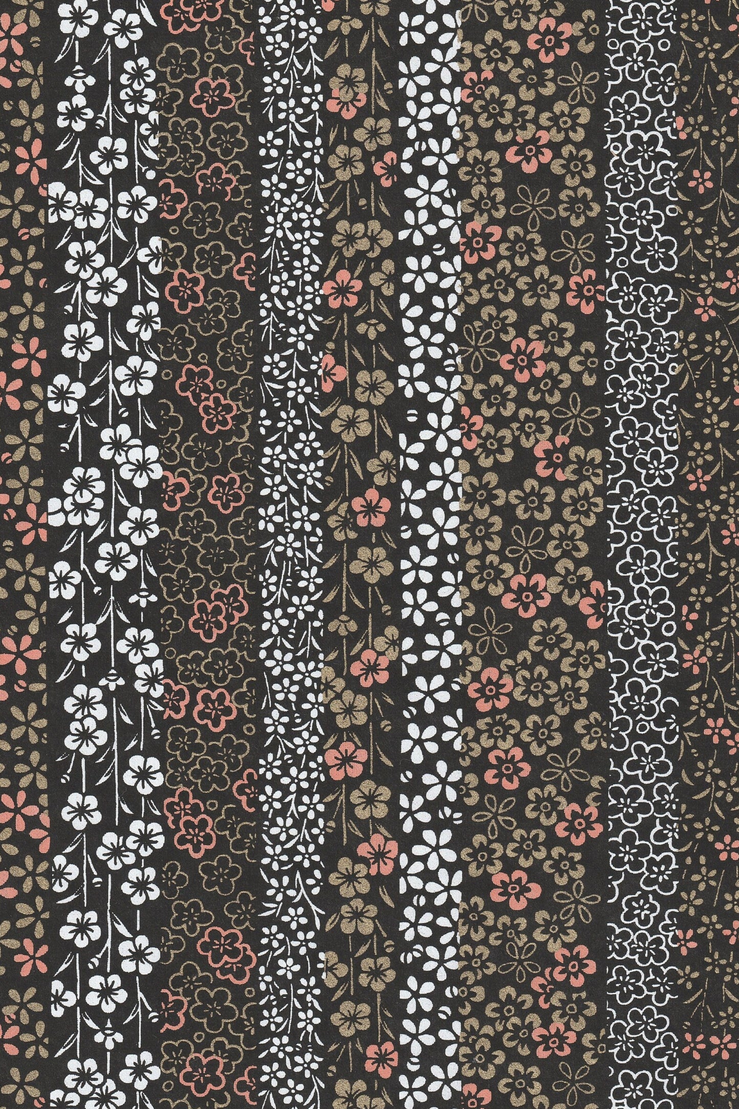 Striped floral pattern with small flowers in black, white, and pink on a dark background