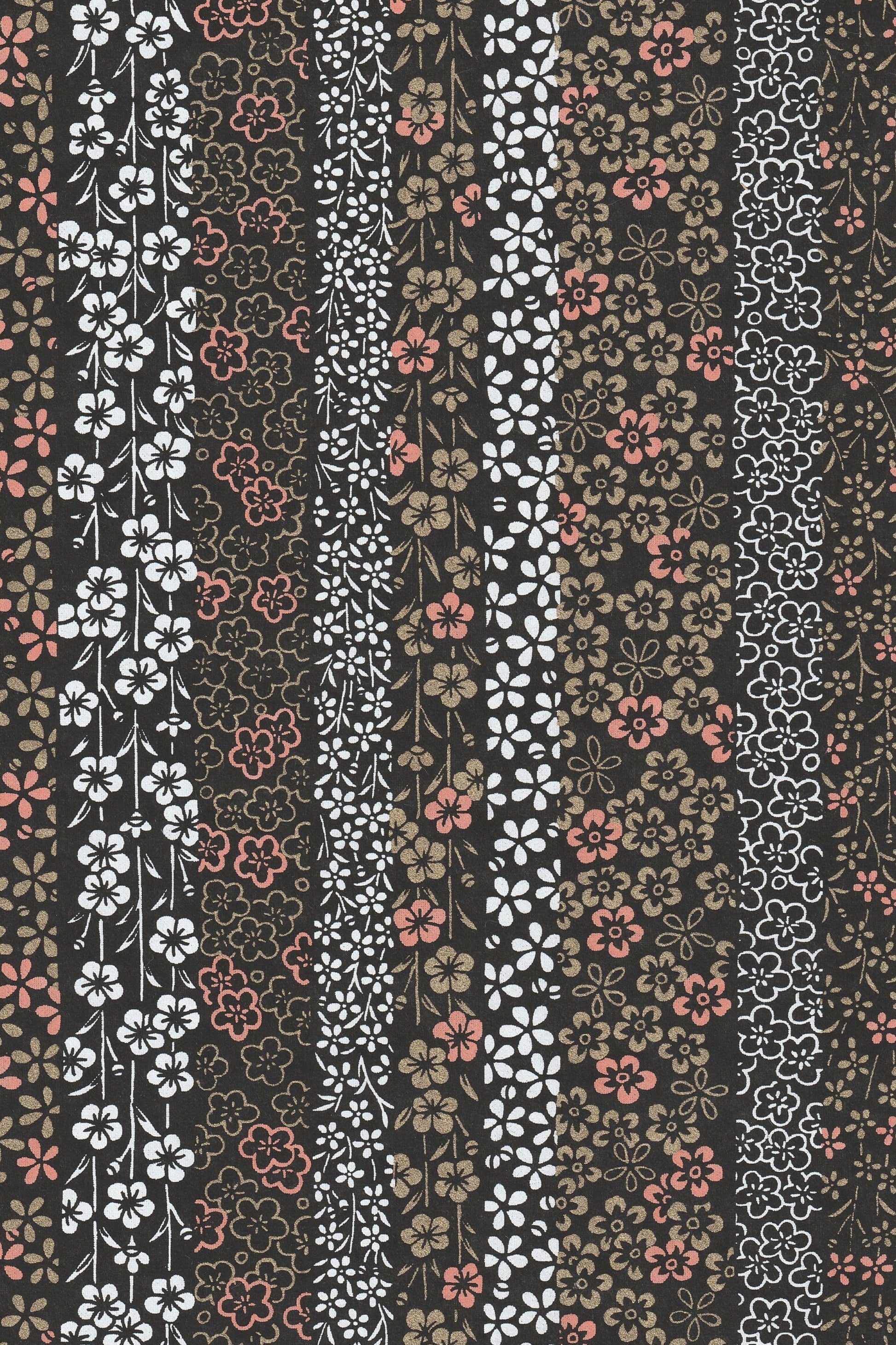Striped floral pattern with small flowers in black, white, and pink on a dark background