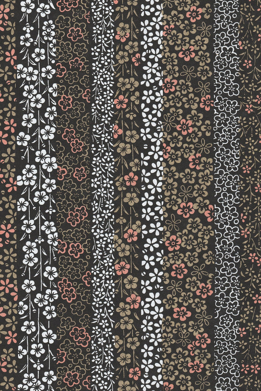 Striped floral pattern with small flowers in black, white, and pink on a dark background